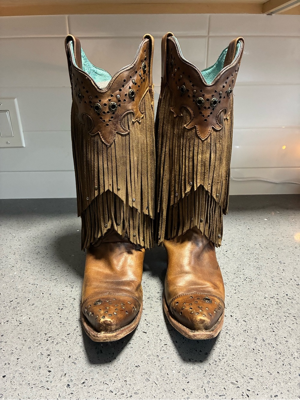 Women's Brown Leather Fringe Western Heeled Boots
